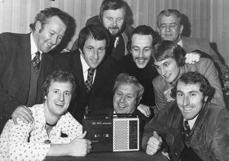 Tony surrounded by Minehead legends, listening to the FA Cup 2nd Round draw in 1976.